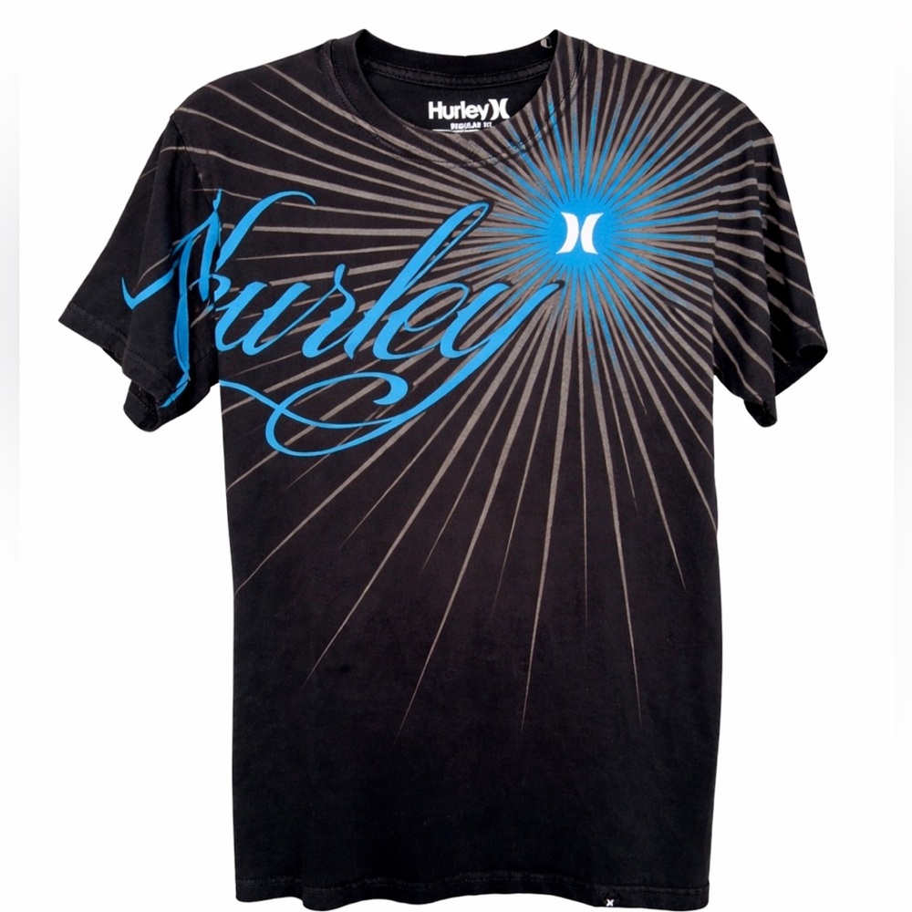 Hurley Black Graphic Logo Tee with Blue Accents